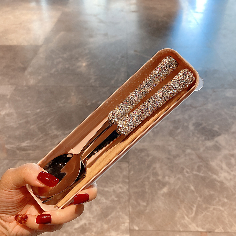 Dinnerware Sets Sparkling Diamond Spoon and Fork 304 Stainless Steel Forks Eco Friendly Cutlery Tableware Flatware Dish 230228