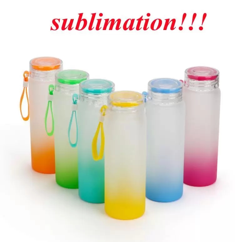

USA SHIP 500ml Sublimation Glass Water Bottle 17oz gradient colors Frosted Glass bottles with lanyards mixed colors pack 50pcs/case