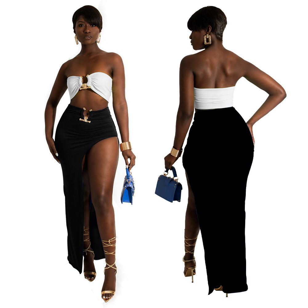Two Piece Dress Women Skirt Suit Summer Two Piece Set Solid Strapless Sleeveless Tank Top High Slit Maxi Skirts Outfit Party Club Matching Set 230228
