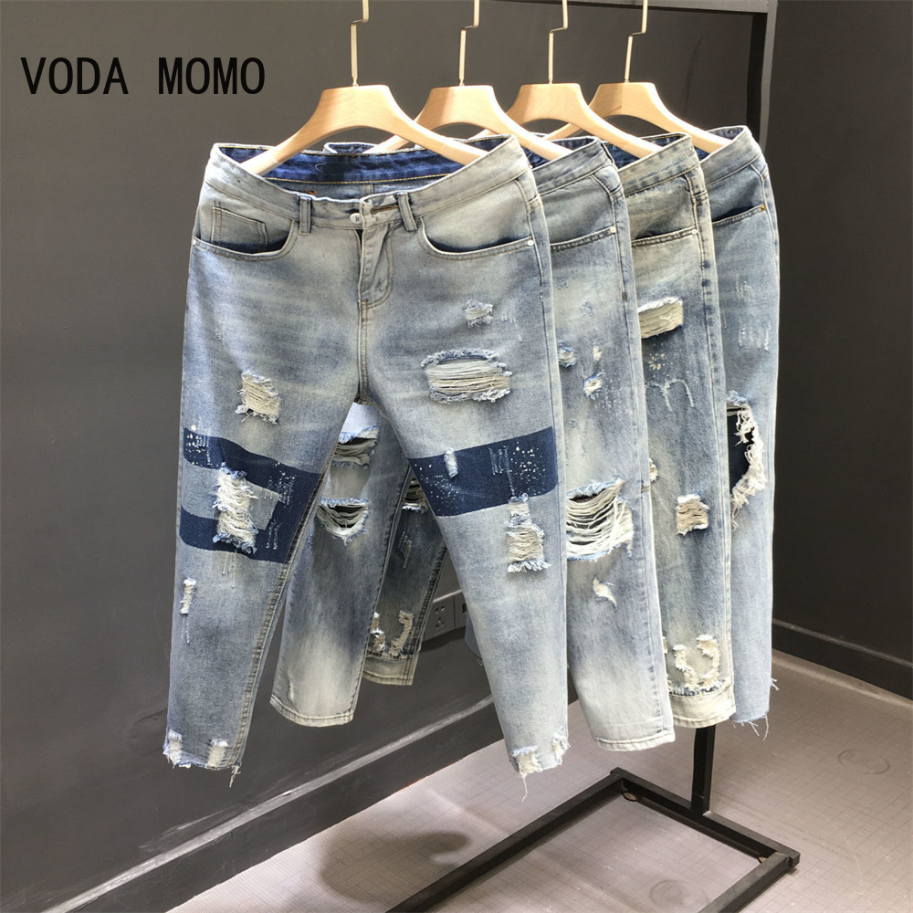 Men's Jeans Holes And Women Summer High Waist Thin Color Loose Straight Denim Anklelength Harem Pants 230227