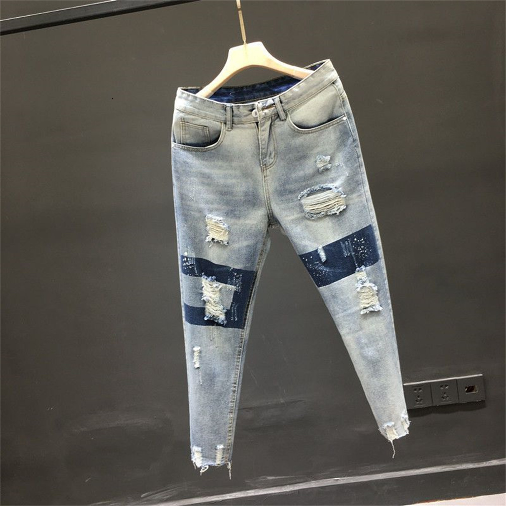 Men's Jeans Holes And Women Summer High Waist Thin Color Loose Straight Denim Anklelength Harem Pants 230227