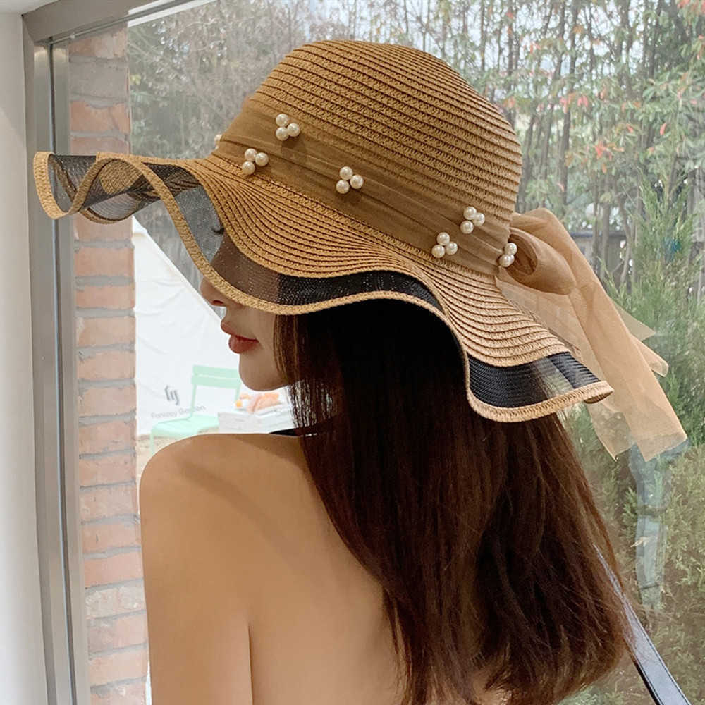 Wide Brim Hats New Women's Summer Hat Fashion Wave Mesh Pearl Design Straw Sun Hat Female Travel Beach Bucket Hat G230227