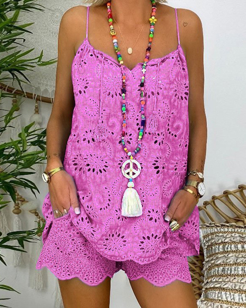 Womens Two Piece Pants Women 2pcs Clothes Set Solid Color Hollow Out Loose Eyelet Embroidery Tassel Top Shorts Set Sexy Sleeveless Camis Tanks Tops 23