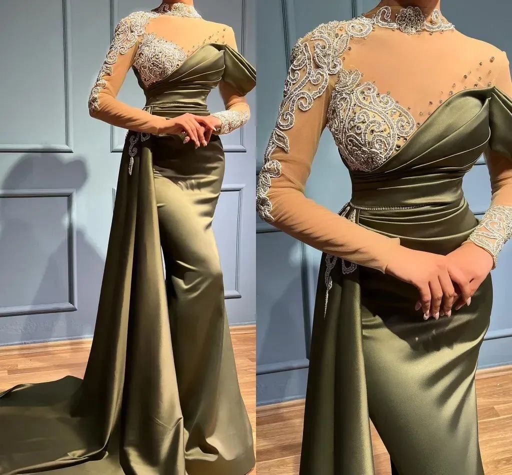 Evening Dresses Plus Size New Prom Party Gown Formal Mermaid Long Sleeve Beaded Satin Illusion Floor-Length Custom High Neck Trumpet Crystal