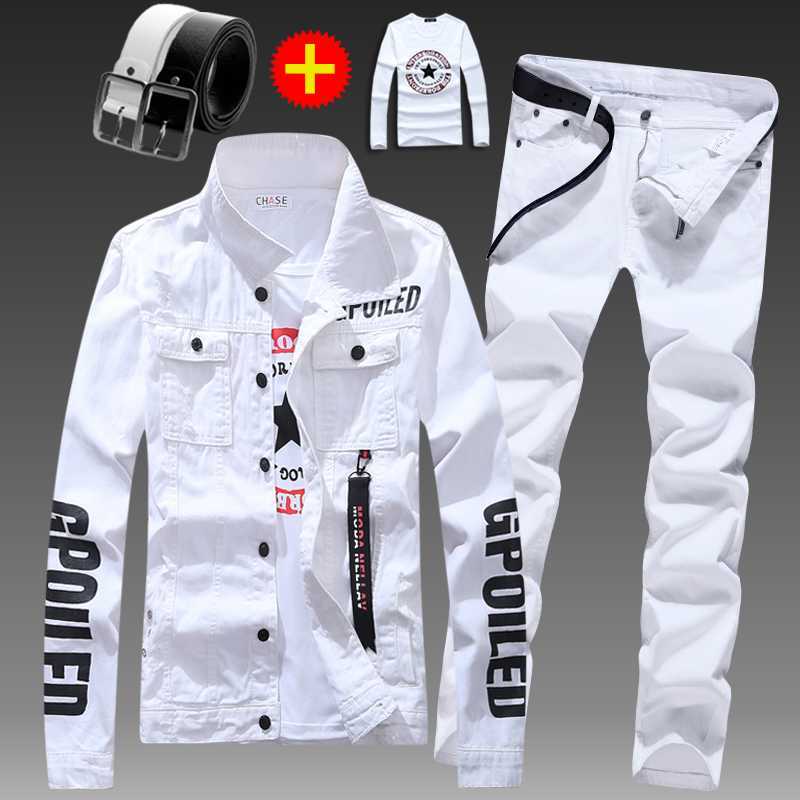 Men's Tracksuits Men's slim denim jacket pants 2-piece long sleeve jacket letter-printed casual large black and white men's trousers Z0