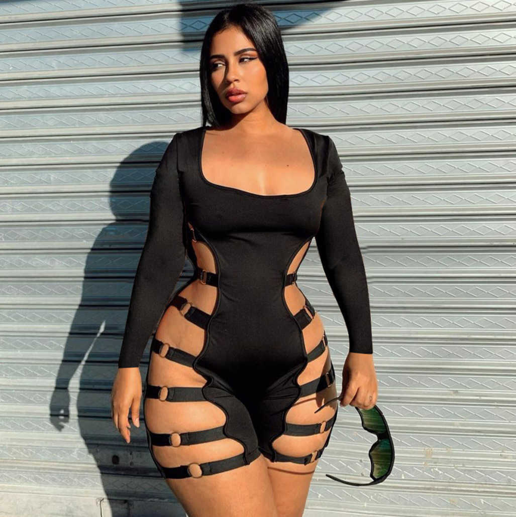 Women's 2023 Fashion jumpsuits amp rompers New Long Sleeve U-Neck Sexy Hollow out Nightclub Bodysuit Women
