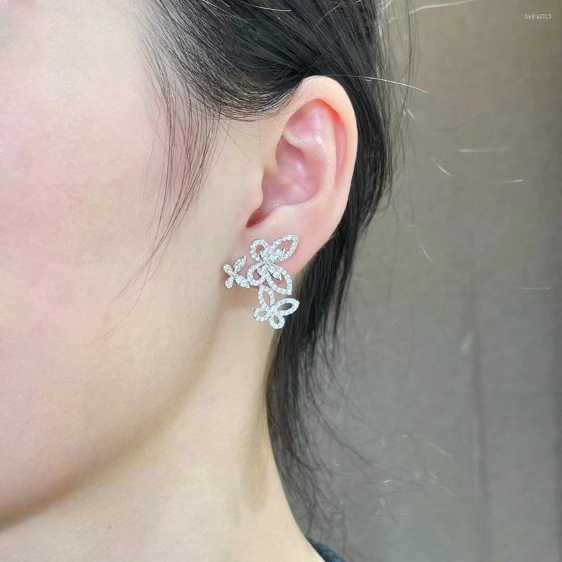 Stud Earrings Fashion Womens Three Butterfly Pear Zircon Earring 925 Sterling Silver Crystal Animal Wedding Party Jewelry