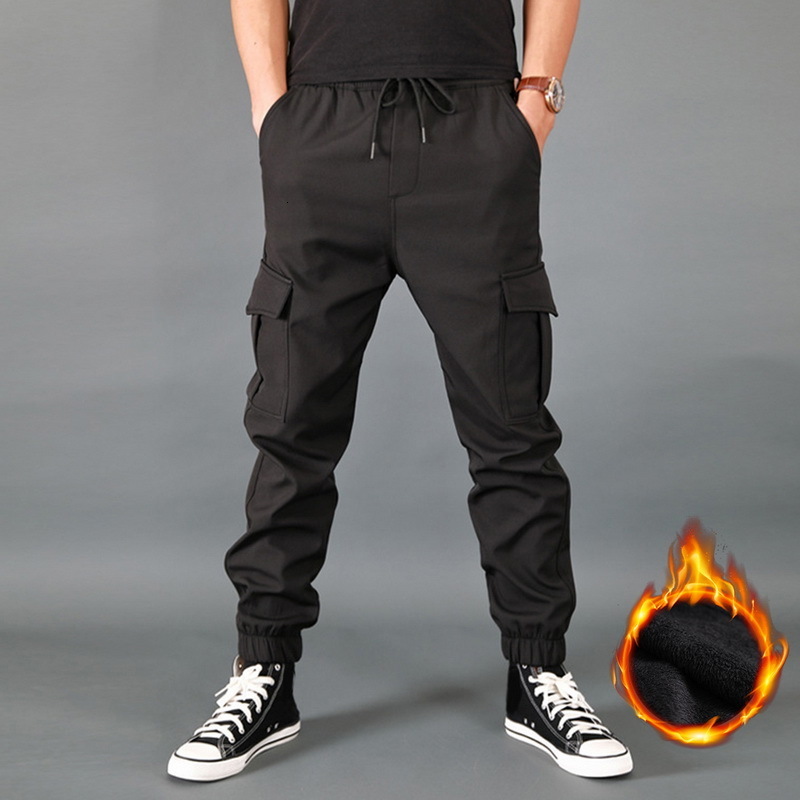 Men's Pants Winter Men Pants Thick Fleece Joggers Multi Pocket Loose Sport Trousers Male Casual Warm Sweatpants Cargo Pants M-6XL 230228