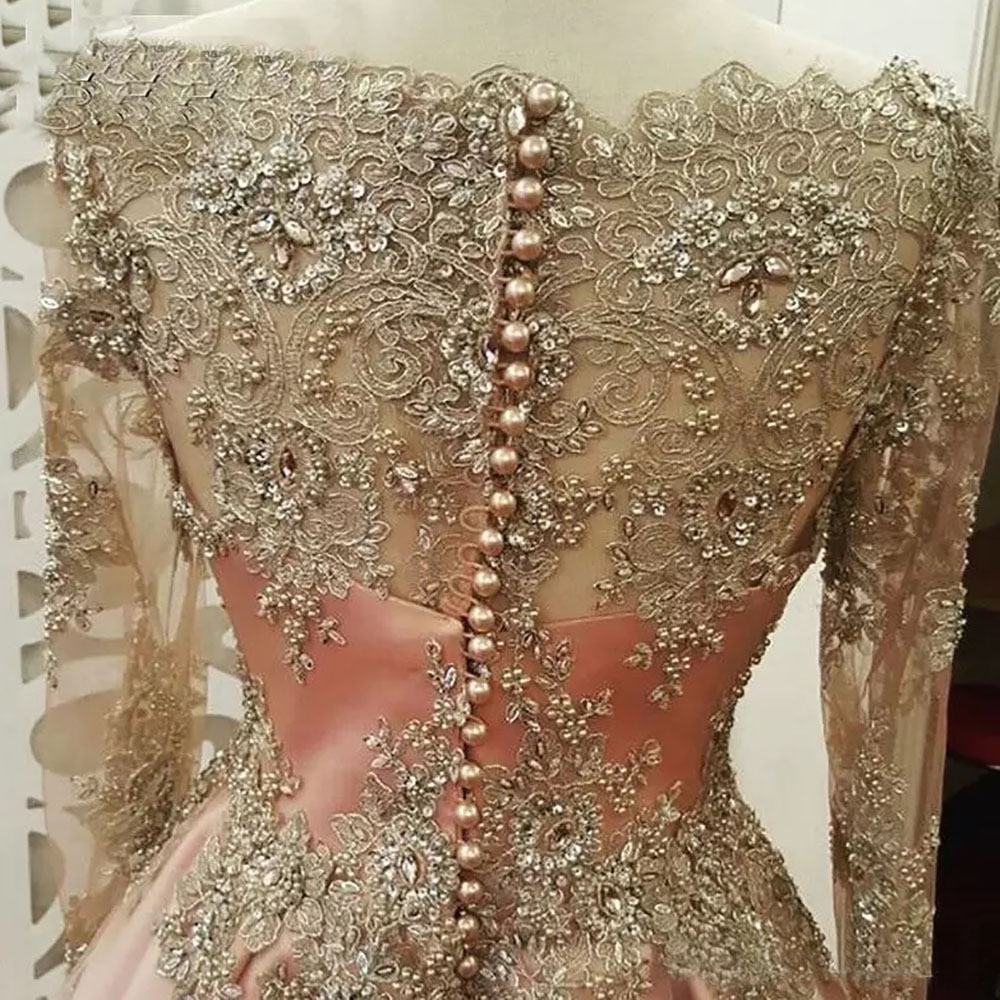 Evening Dresses Plus Size New Prom Party Gown Formal Floor-Length Custom Applique Illusion A Line O-Neck Tulle Long Sleeve Beaded