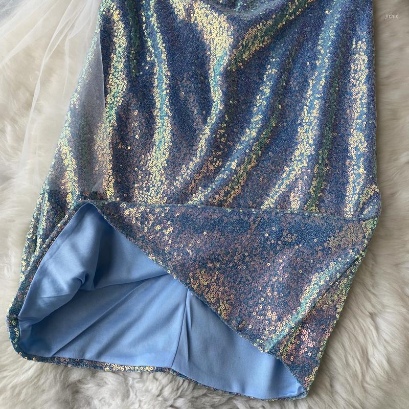 Casual Dresses Summer Fashion Sequins Stitching Mesh Slim Wrap Hip Mini Evening Dress Women Sleeveless Night Club Vestidos J126