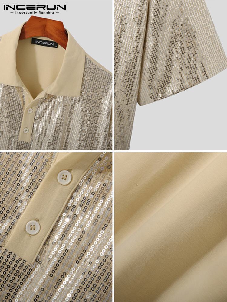 Men's Casual Shirts Casual Simple Style Tops INCERUN Men's Lapel Sequin Blouse Stylish Male Party Short Sleeve Button Shirts S-5XL 230228