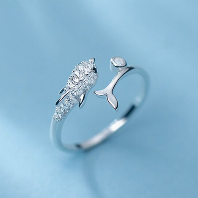 Zircon Tail Moonstone Opening Rings For Women Dolphin Cat Moon Tassel Adjustable Finger Ring Wedding Party Jewelry Gifts