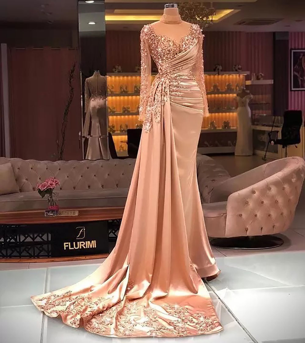 Prom Party Gown New Evening Dresses Plus Size Formal or-Length Custom Applique Illusion Long Sleeve High Neck Beaded Mermaid Satin Sequins