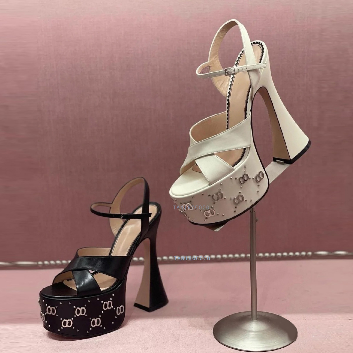 Image of Janaya leather G Stud-detailed platform sandals chunky high heels Ankle strap open toe heeled block heel sandal luxury designer shoes for wo