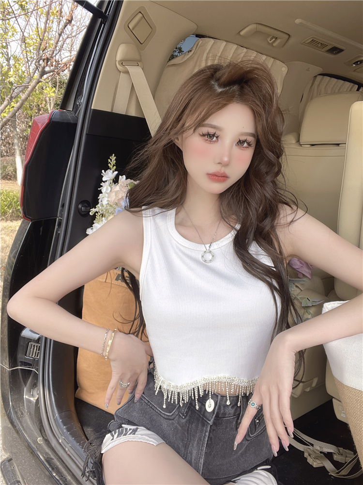 Womens high waist o-neck sleeveless rhinestone tassel fringe bottom short vest tanks camis
