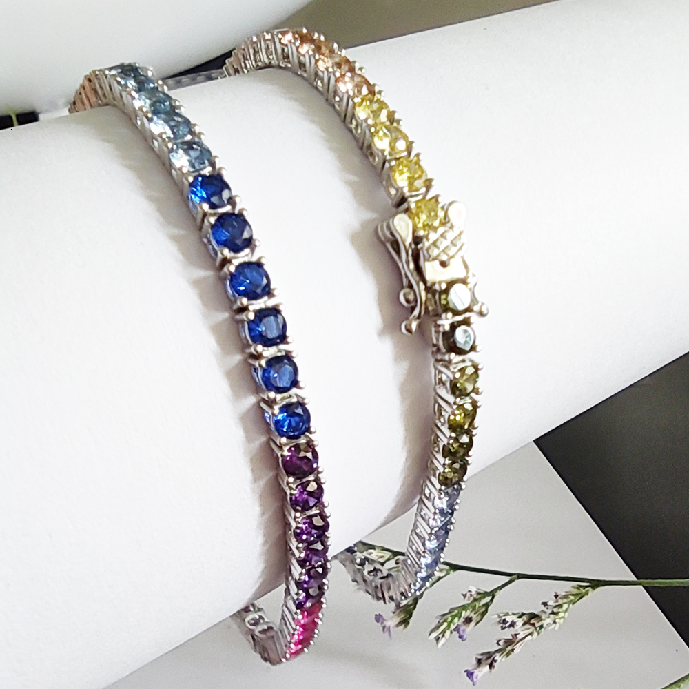 Charm Bracelets Solid Real 925 Silver 3 mm Rainbow Zircon Tennis Bracelet 15161718 cm Pretty Colorful Fine Jewelry Chain For Women 230228