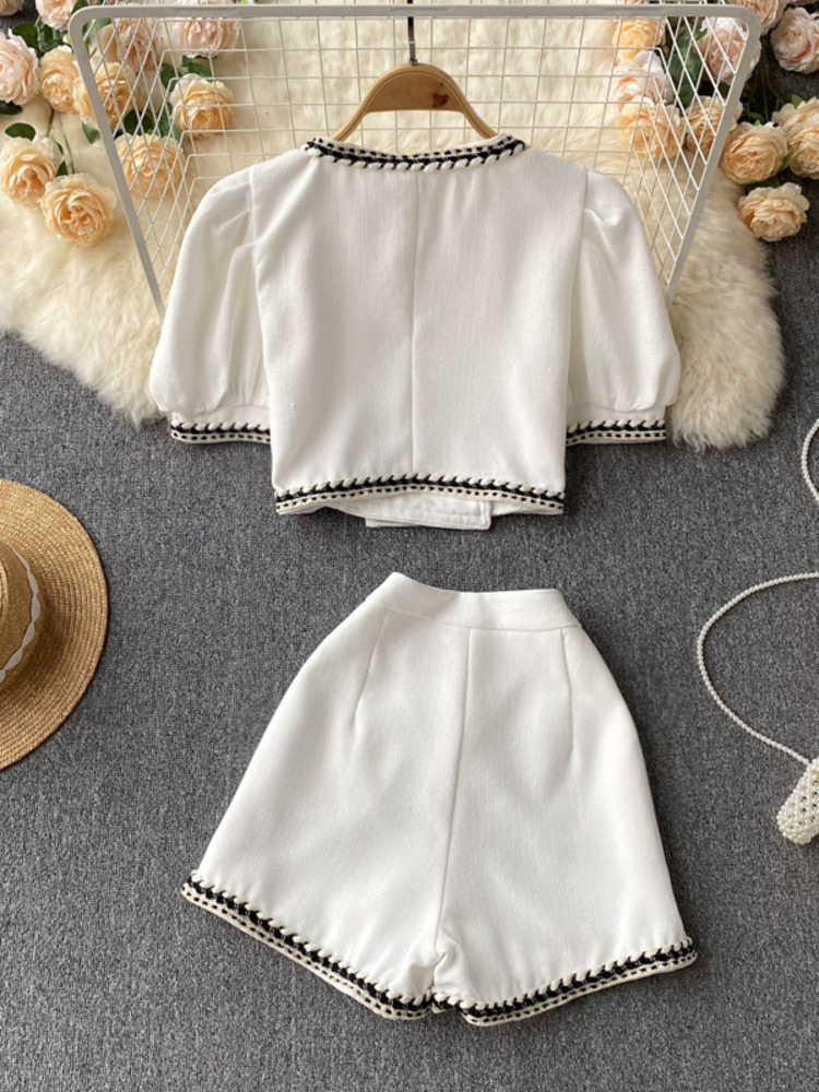 Womens Two Piece Pants French Streetwear Small Fragrance Pants Suits Women Short Jacket Coat Crop Top High Waist Shorts Sets Summer Two Piece Set 2302