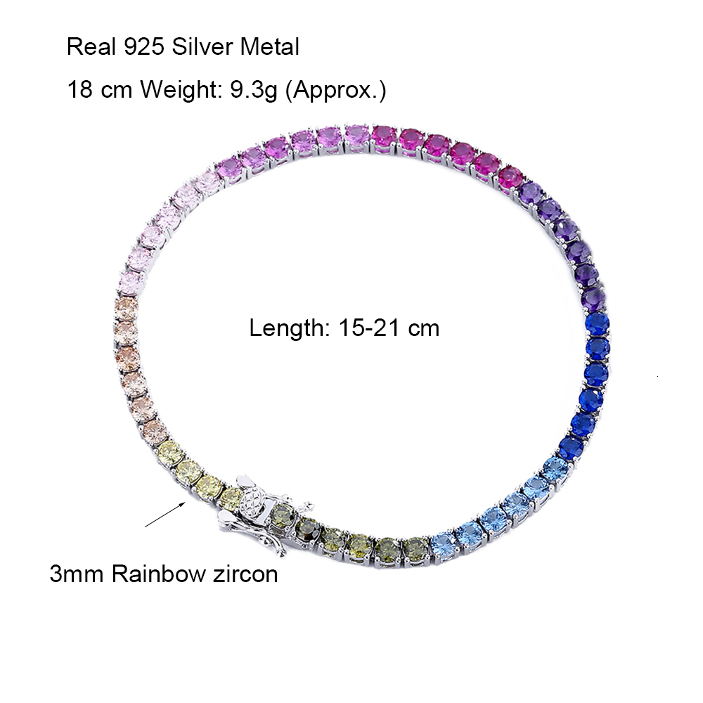 Charm Bracelets Solid Real 925 Silver 3 mm Rainbow Zircon Tennis Bracelet 15161718 cm Pretty Colorful Fine Jewelry Chain For Women 230228