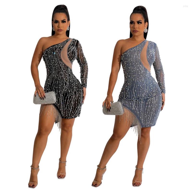 Casual Dresses 2023 Women Ladies Fashion Temperament Sexy One Shoulder Style Bright Drill Slit Bag Buttock Dress