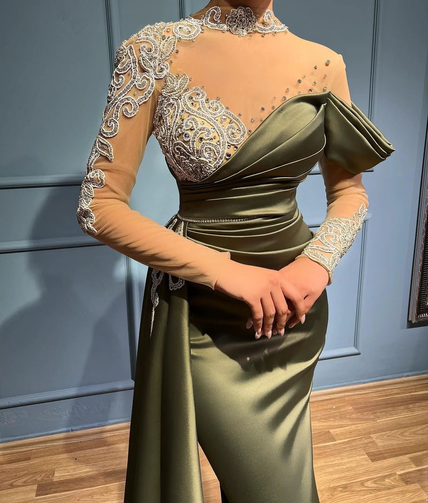 Evening Dresses Plus Size New Prom Party Gown Formal Mermaid Long Sleeve Beaded Satin Illusion Or-Length Custom High Neck Trumpet Crystal 0716