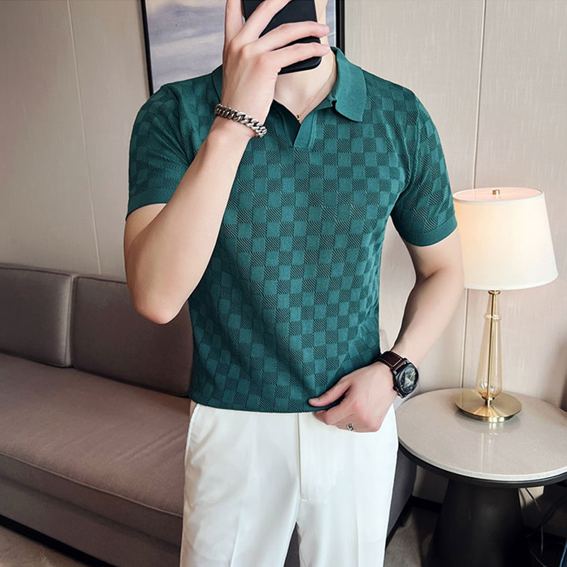 Men's Polos Summer Thin Ice Silk Knitted Polo Shirts Mens Elasticity Mesh Casual T Shirt Male Short Sleeve O-Neck Slim Fit Breathable Polos 23022