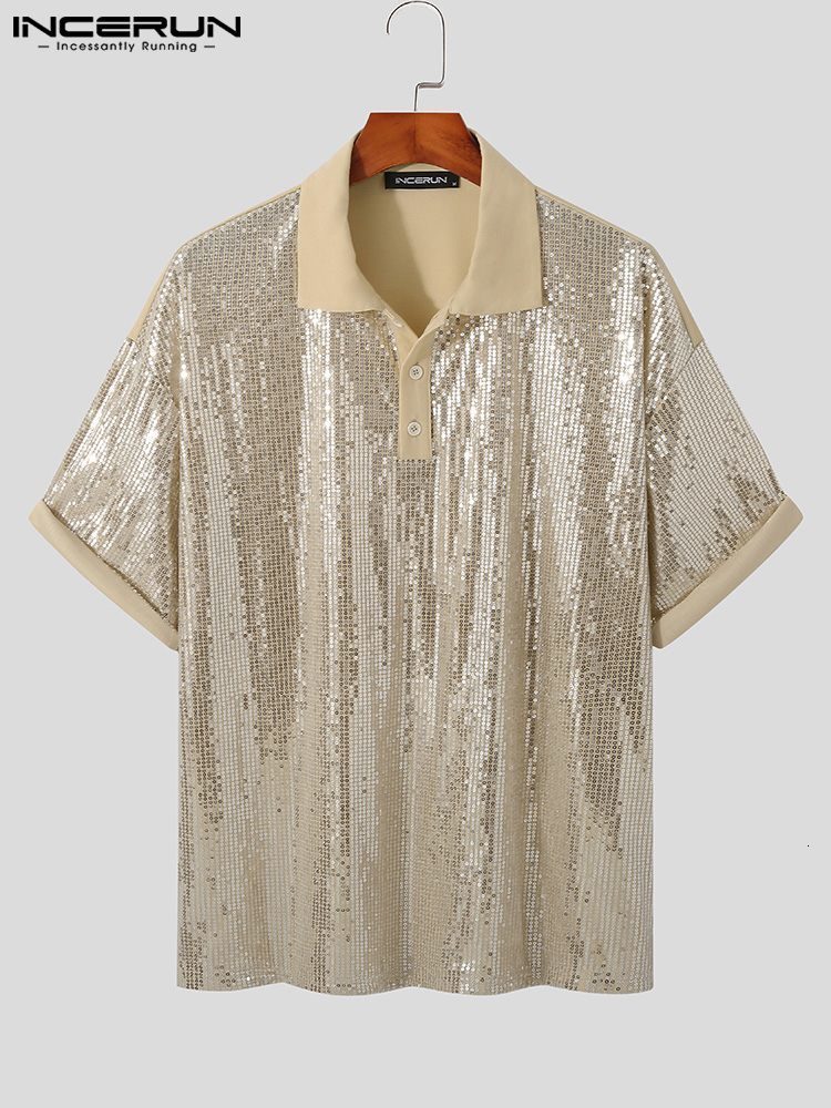 Men's Casual Shirts Casual Simple Style Tops INCERUN Men's Lapel Sequin Blouse Stylish Male Party Short Sleeve Button Shirts S-5XL 230228