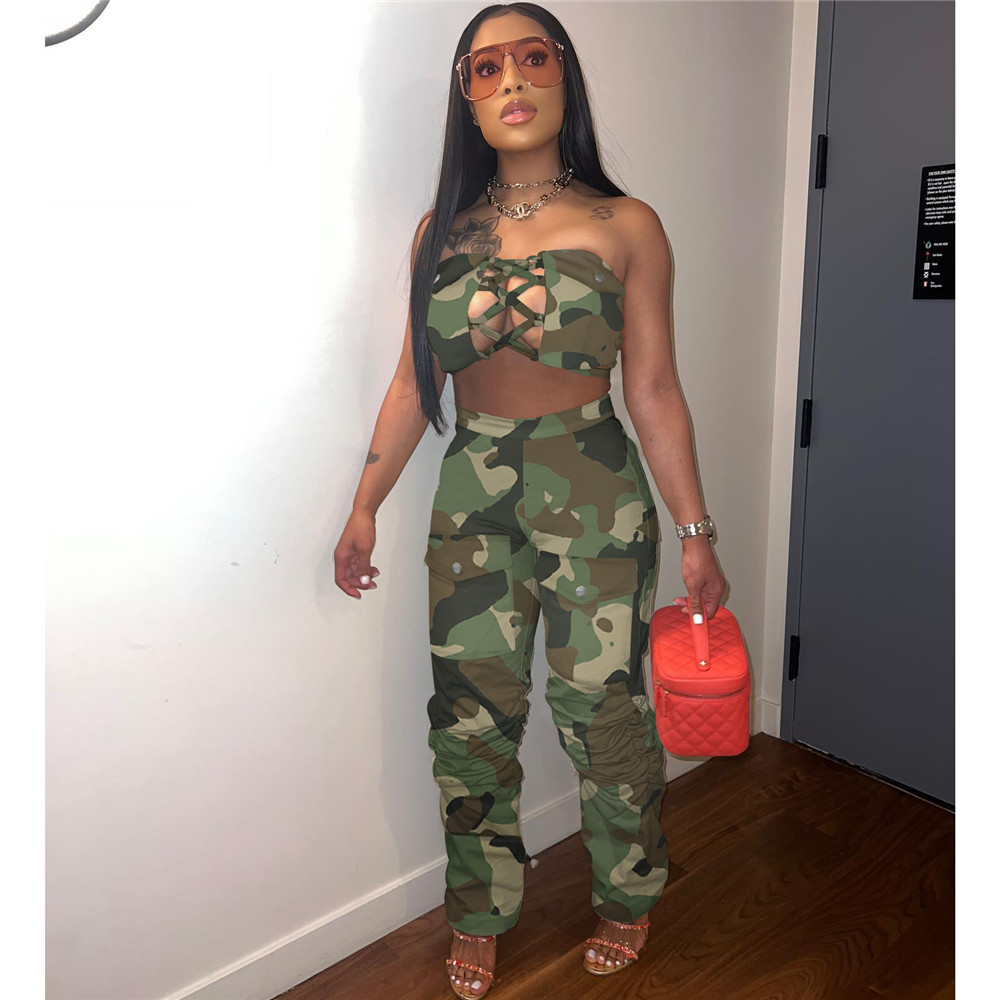 2023 Designer Summer Tracksuits Women Outfits Two Piece Sets Sexy Bandage Strapless Tank Top and Pants Sportswear Casual Camo Sweatsuits Wholesale Clo