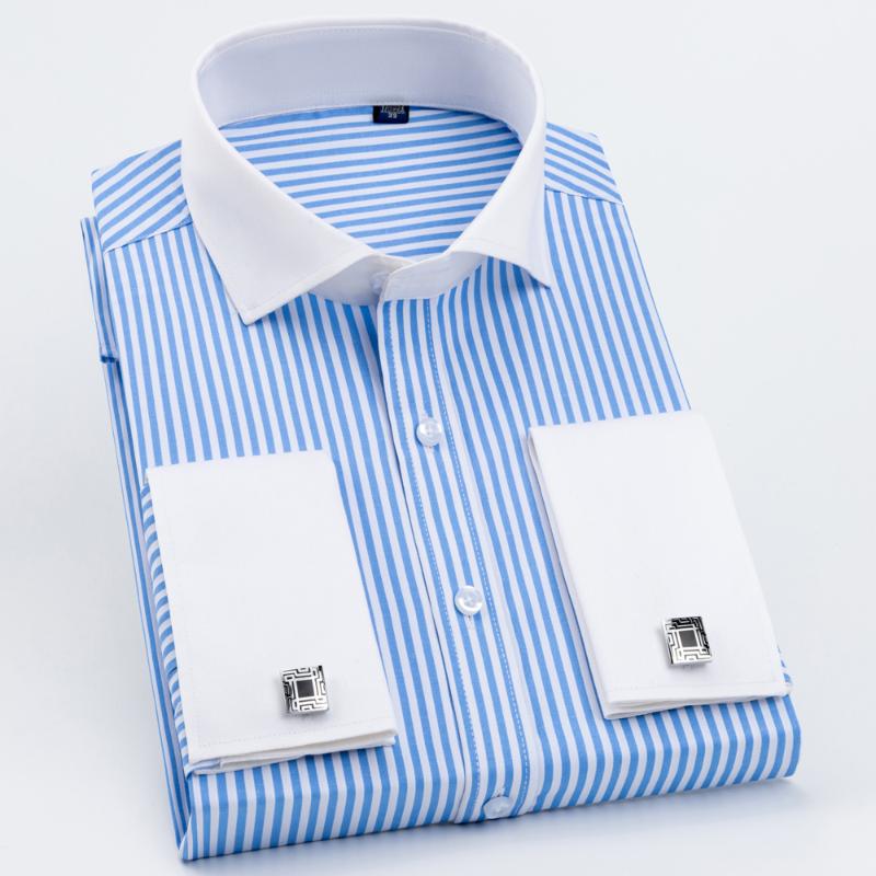 Men's Dress Shirts Windsor Collar Striped French Cuff Mens Long Sleeve Formal Business Party Wedding Slim Fit Tuxedo Cufflinks ShirtMen's