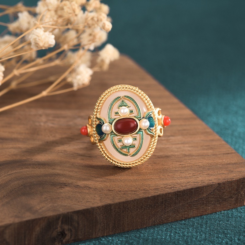 Band Rings Ancient Law Inheritance GoldPlated Chinese Style Elegant Enamel Color White Jade South Red Pearl Women Jewelry 230228