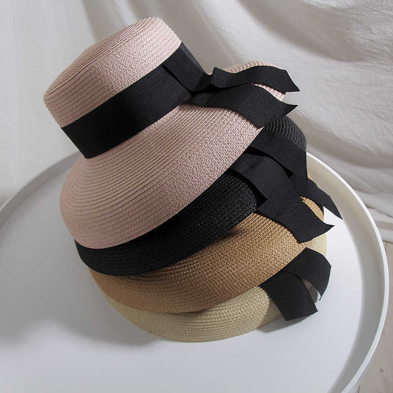 Wide Brim Hats Summer Women Beach Raffia Black White Ribbon Hat Bow Raffia Hat Temperament Flat Cap Straw Hats Women's Seaside Hat G230227 - view 3