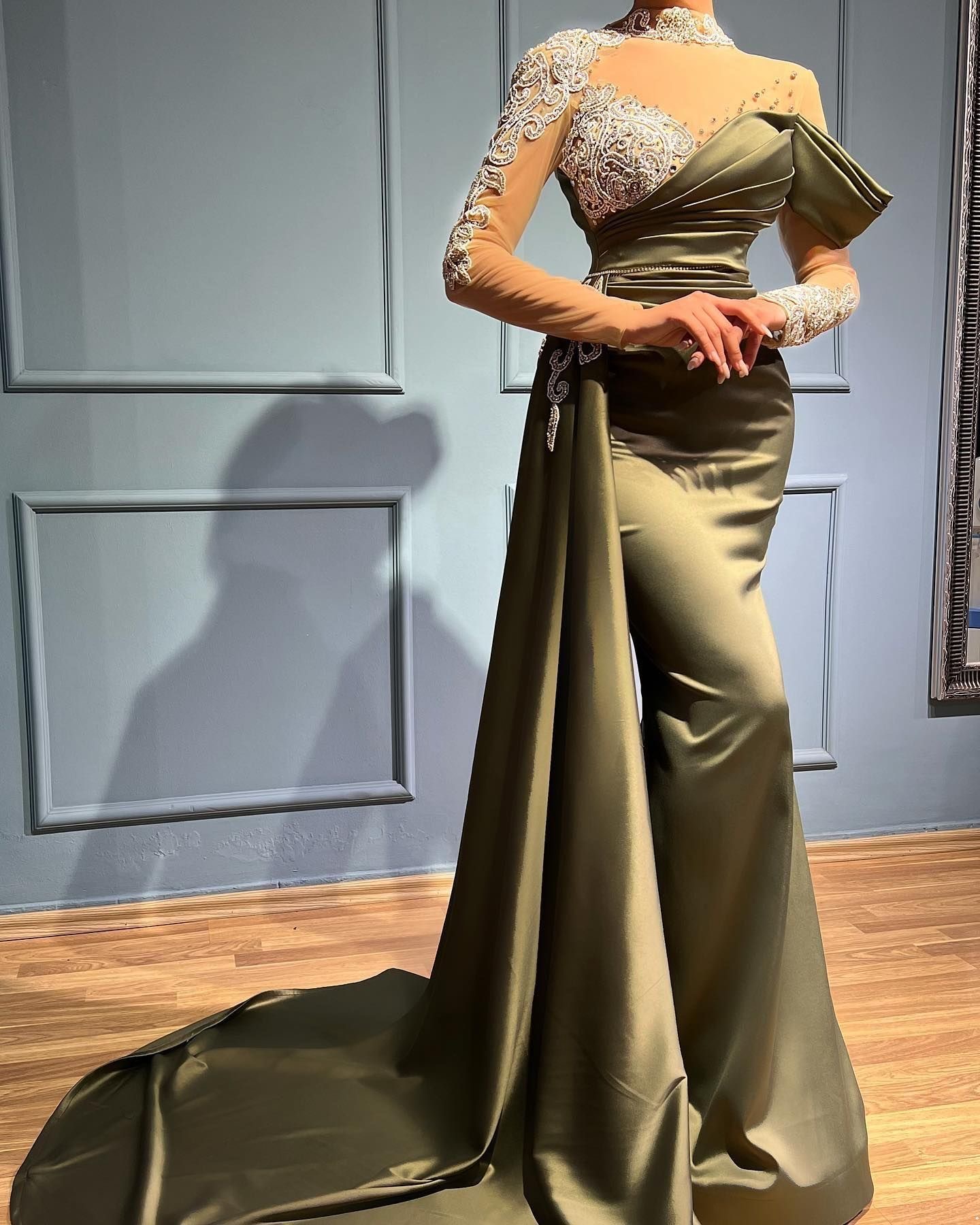 Evening Dresses Plus Size New Prom Party Gown Formal Mermaid Long Sleeve Beaded Satin Illusion Or-Length Custom High Neck Trumpet Crystal 0716