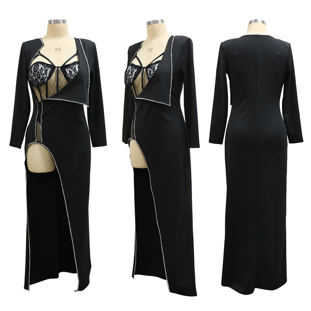 Two Piece Dress CMYAYA Women Diamonds Drill Side High Side Split Midi Maxi Dress and Lace Sleeveless Bodysuit Matching Set 2 Piece Outfit 230228
