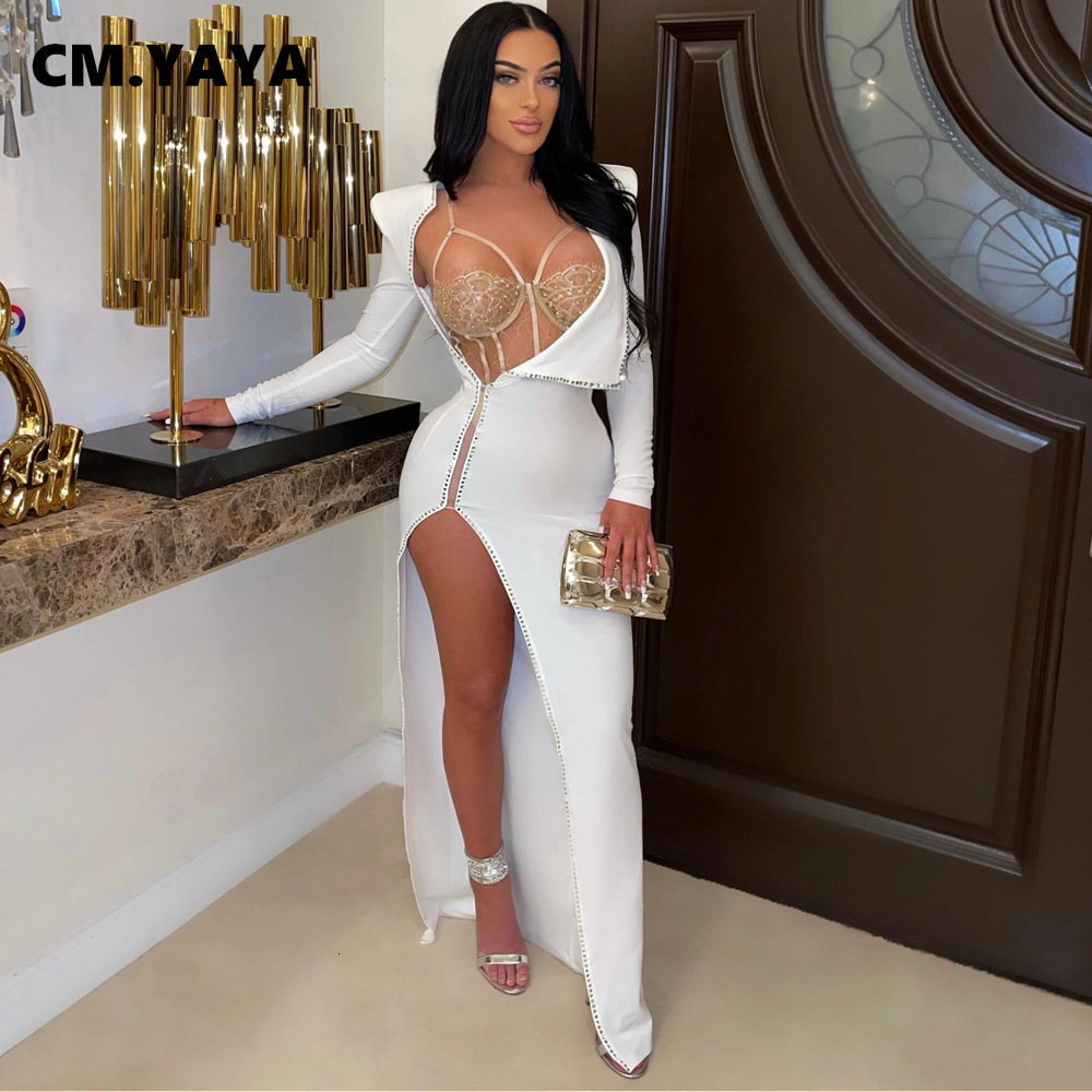 Two Piece Dress CMYAYA Women Diamonds Drill Side High Side Split Midi Maxi Dress and Lace Sleeveless Bodysuit Matching Set 2 Piece Outfit 230228
