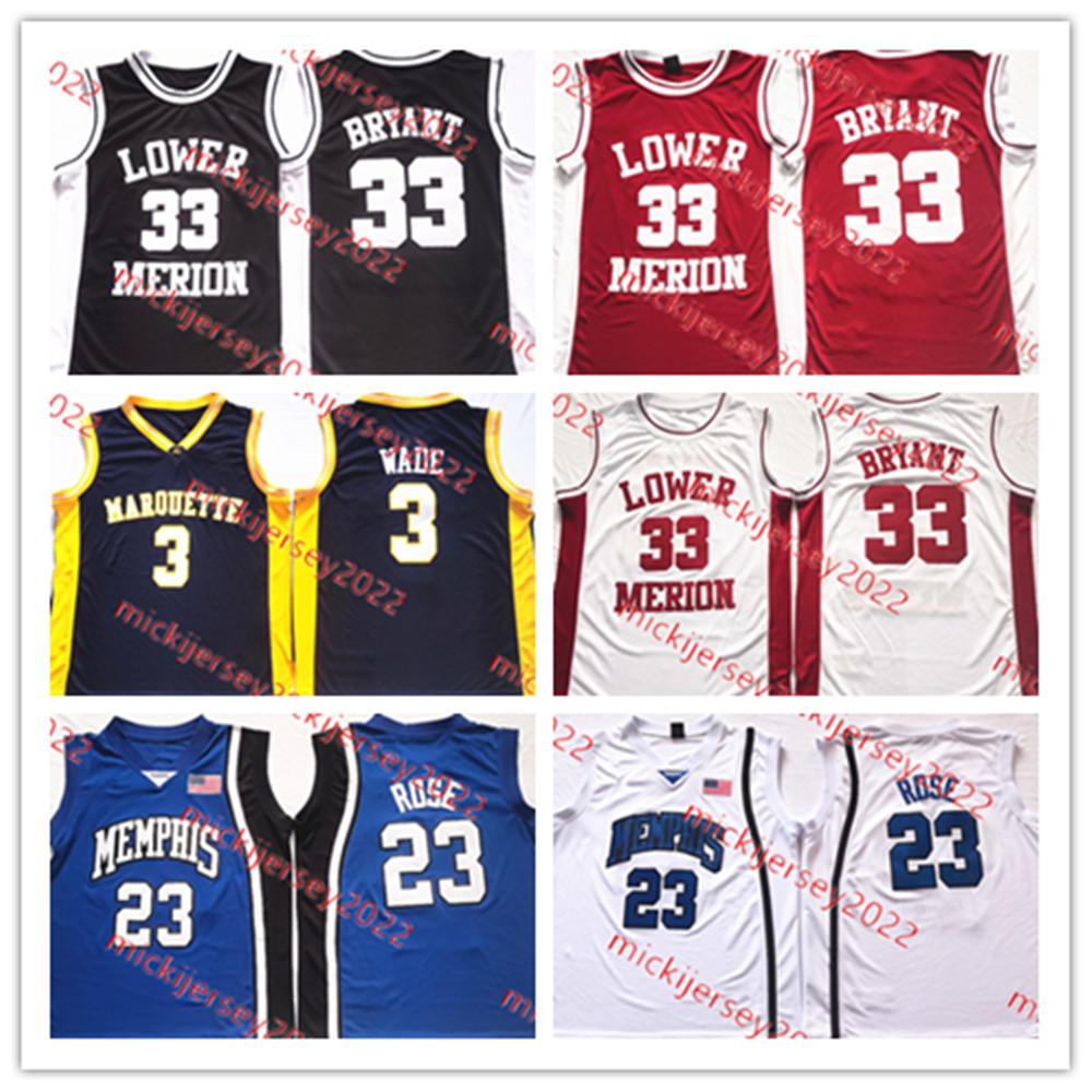 Stitched Mens Basketball Jersey Lower Merion High School 33 Kobe Bryant # Marquette Golden Eagles 3 Dwyane Wade #Memphis Tigers 23 Derrick Rose Jerseys S-3XL
