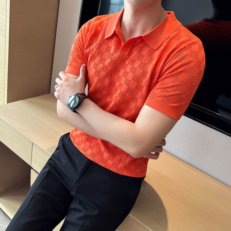 Men's Polos Summer Thin Ice Silk Knitted Polo Shirts Mens Elasticity Mesh Casual T Shirt Male Short Sleeve O-Neck Slim Fit Breathable Polos 23022