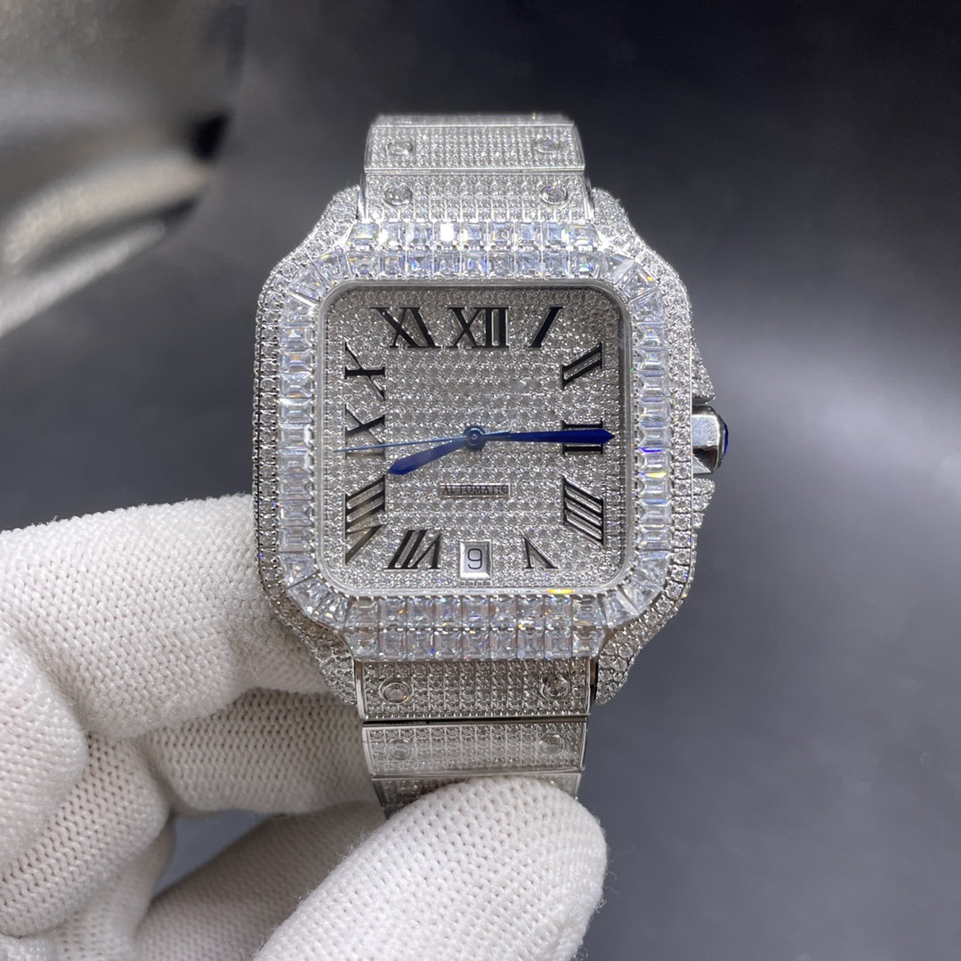 Iced out men watch full diamonds case baguette stones bezel diamonds and Roman dial automatic men shiny watch, White
Iced out men watch full diamonds case baguette stones bezel diamonds and Roman dial automatic men shiny watch, White