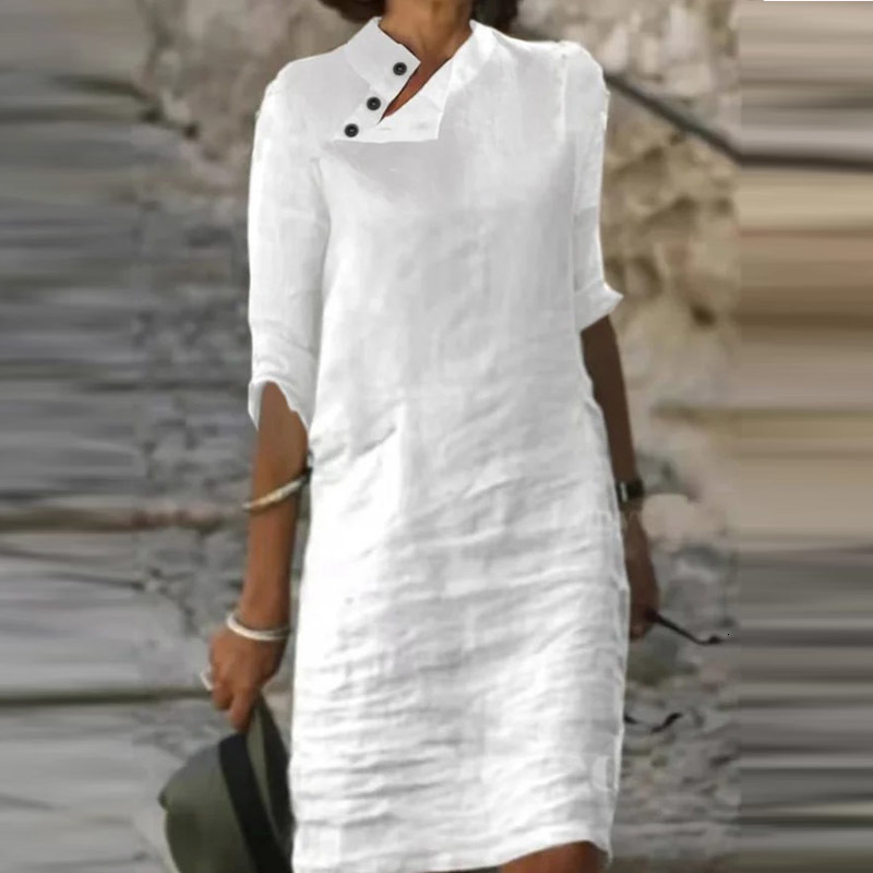 Basic Spring Stand-Up Collar Button Cotton Dresses Women Casual Linen Solid Color Mid-Sleeve Retro Summer Lady Office Mini Dress 230531