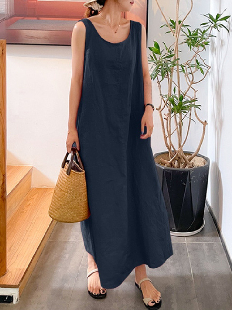 Basic Casual Dresses Summer Long Version Sling Cotton Linen Simple Loose Pocket Round Neck Temperament Sleeveless Dress Women Dress for Women 230531