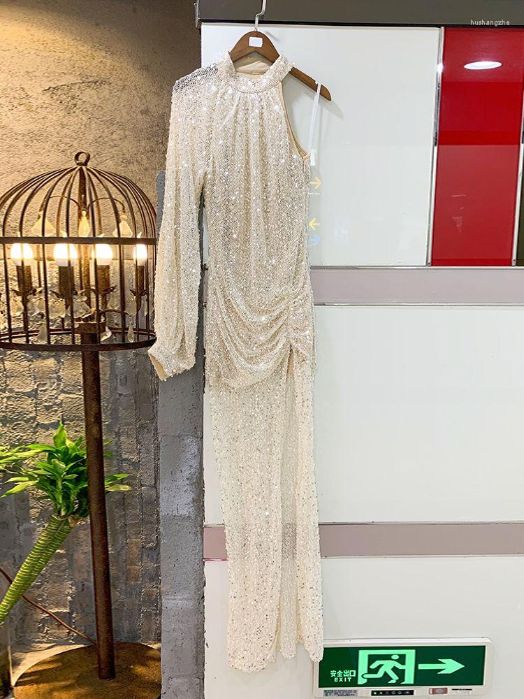 Casual Dresses Ailigou Autumn Sexy Long-Sleeved One-Shoulder Long Dress Elegant Luxury Beaded Sequin Ladies Silver Party Tight