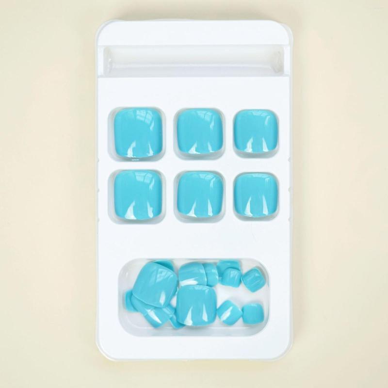 False Nails 24Pcs Short Square Fake Toe Press On Acrylic Nail Kits Wearable Lake Blue Toenails Artificial Feet Tips