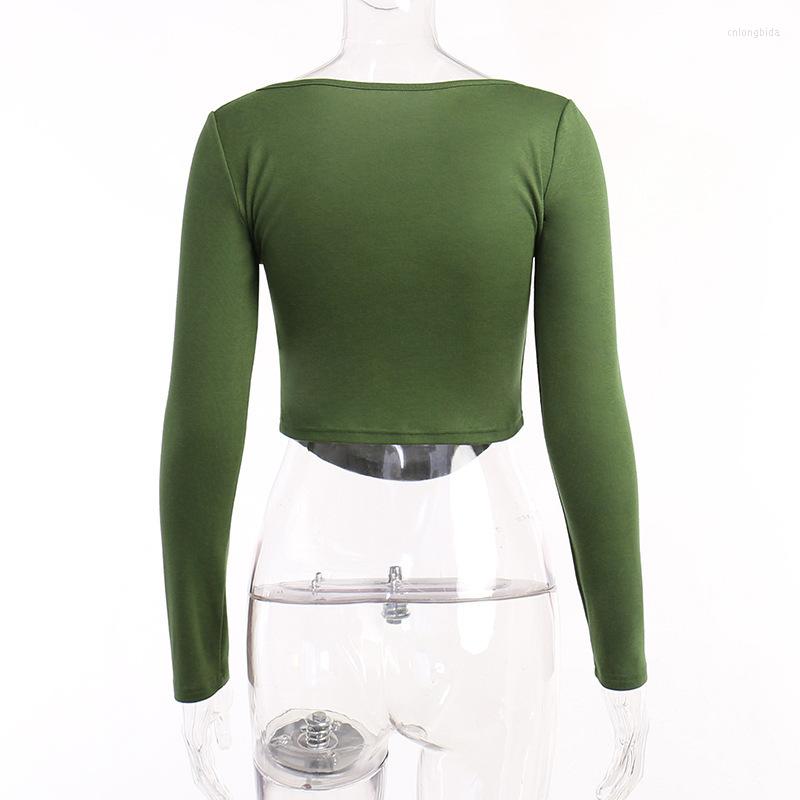 Womens T Shirts Y2K Autumn Crop Top Women Sexy Winter T-shirt Long Sleeve Casual Tee Shirt Femme Solid V-Neck Clothes Green Cotton