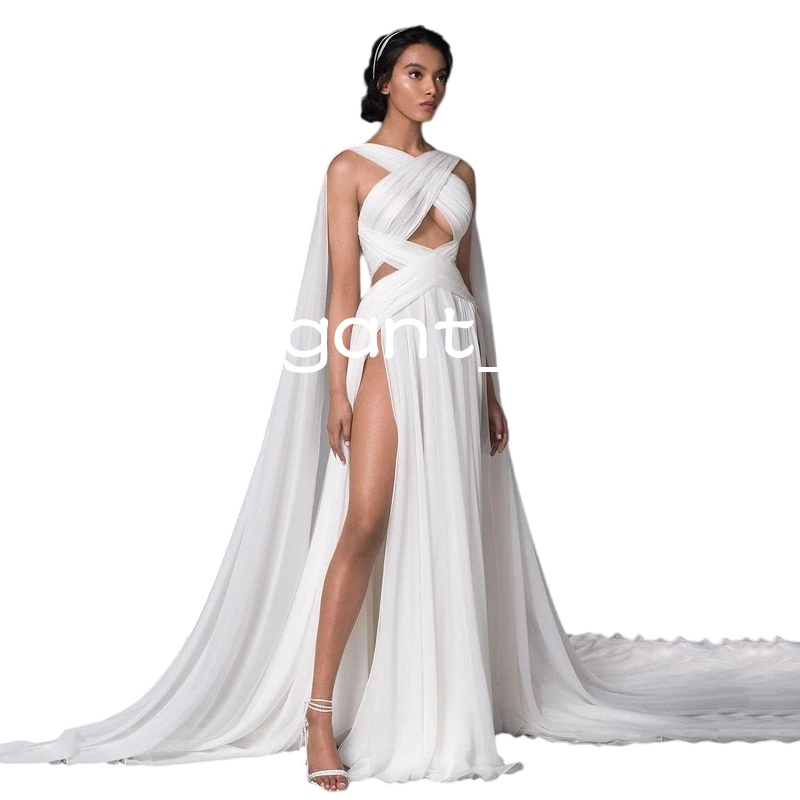 Pleated Chiffon Grace Greek Wedding Dresses with Ribbon 2023 Summer Beach Sweep train Boho Bridal Gown