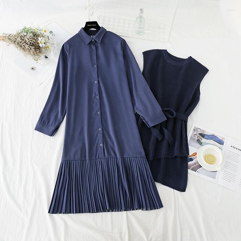 Casual Dresses Autumn Winter Womens Elegant Clothing Set Lady Long Vest Knitted Sweater Pleated Dress Suit Vestidos