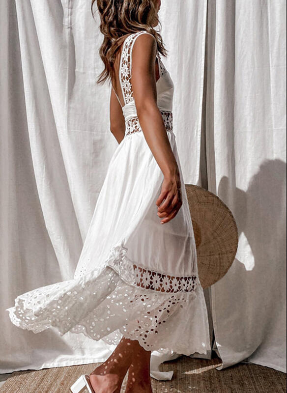 Basic Casual Dresses Women's Dress White Hollow Out Cotton Sundress Lace Sleeveless Long Splicing Summer Party Elegant Evening Woman Skirt Clothi