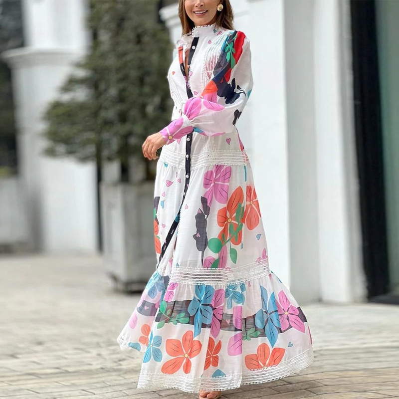 Basic Casual Dresses Casual Commute Maxi Dresses Fashion Lace Ruched Stitching Print Women Dress Ladies High Street Stand Collar Long Shirt Dress 2305