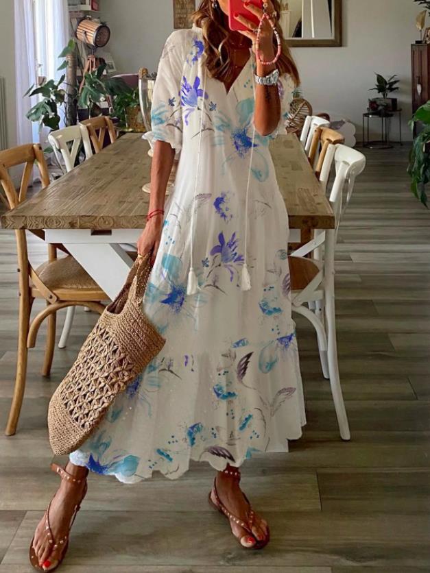 Designer New Casual Dresses Fashion Womens Shift Dress Maxi Dress half Sleeve Floral Print Summer Fall V Neck Casual Dress