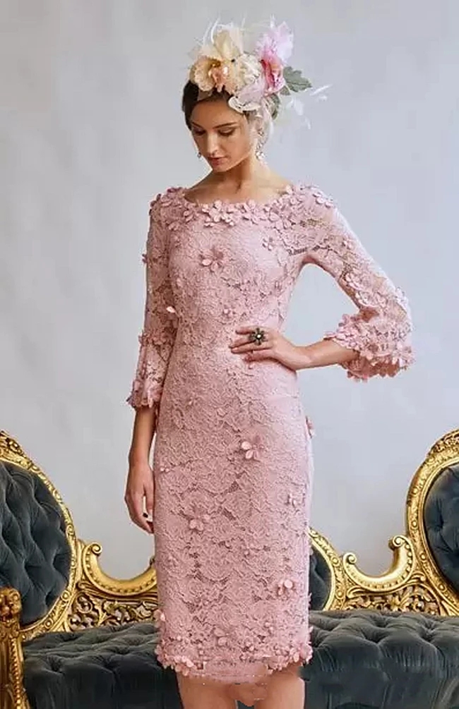 Tea-length Pink Mother of the Bride Dresses with Long Sleeve Lace Floral Slim God Mother Occasion Guest Gown