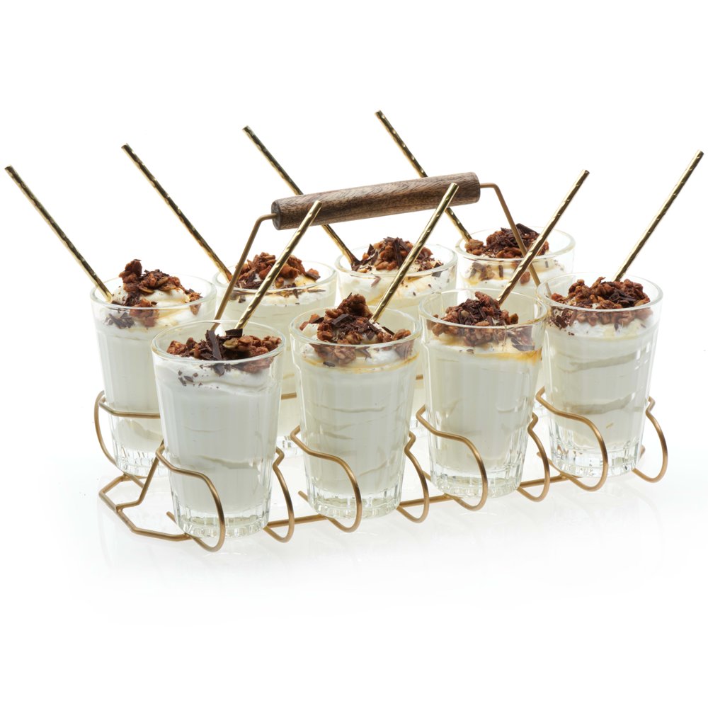 Glass and Metal Entertaining Set with 8 Glasses, Caddy and Individual Serving Spoons