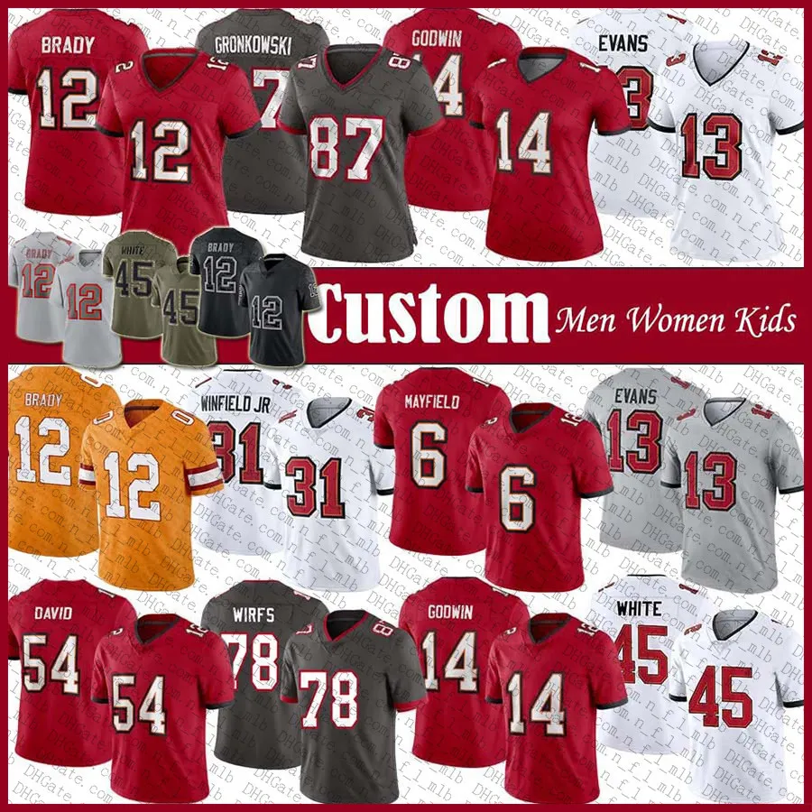 Tampa''Bay''Buccaneers''Custom 6 Mayfield Bucs Football Jersey Mike Evans Devin White Godwin Lavonte David Vea Trask Wirfs Dean Brady Gronkowski