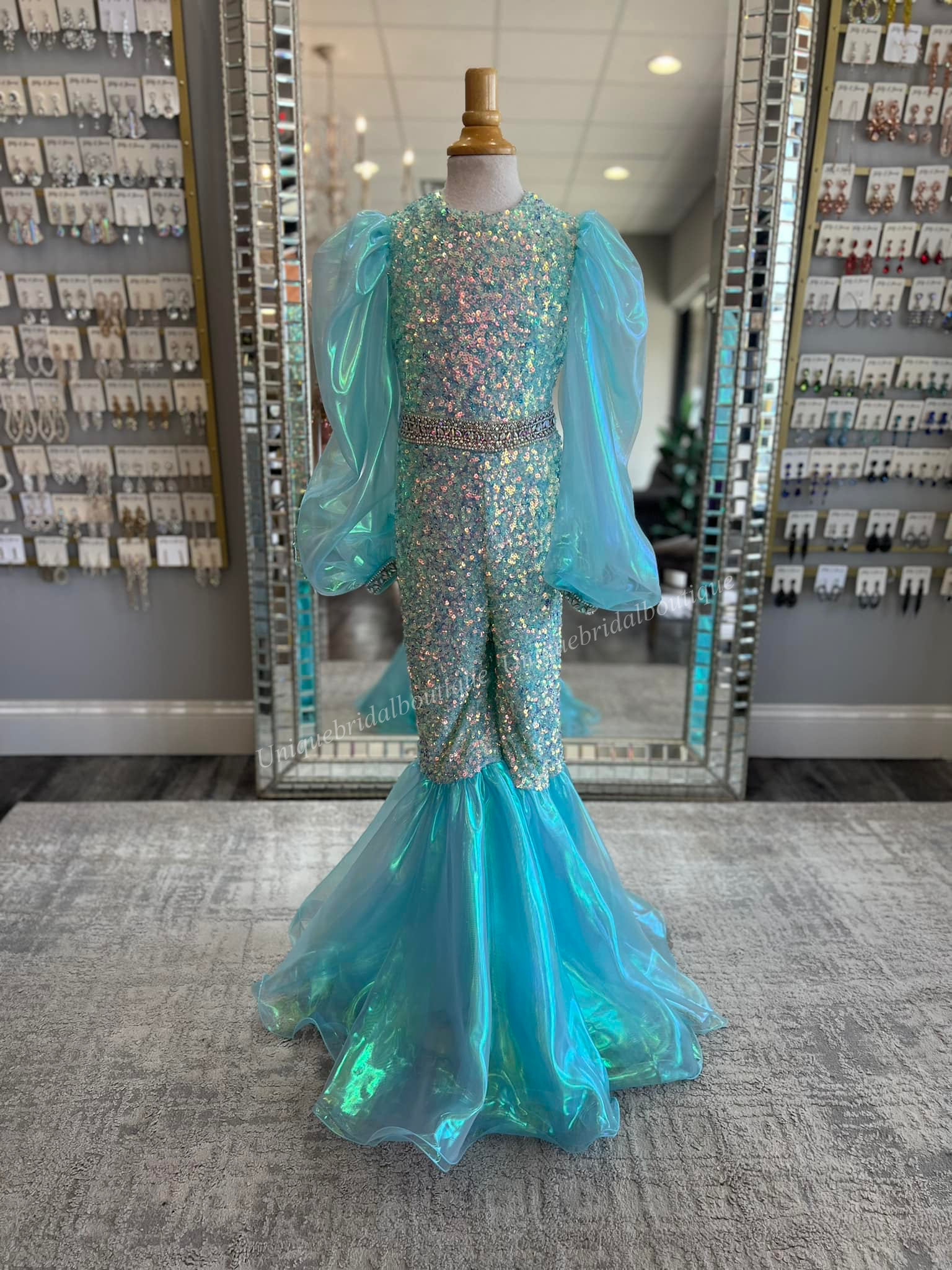 Aqua Girl Pageant Dress Jumpsuit 2023 Iridescent Organza Sequin Puff Sleeves Flared Pants Little Kid Birthday Formal Party Gown Fun Fashion Runway Tod